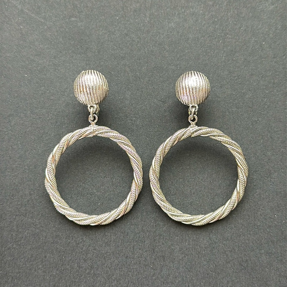 Vintage MONET Silver Tone Hoop Earrings Clip On Textured Rope Circle Drop